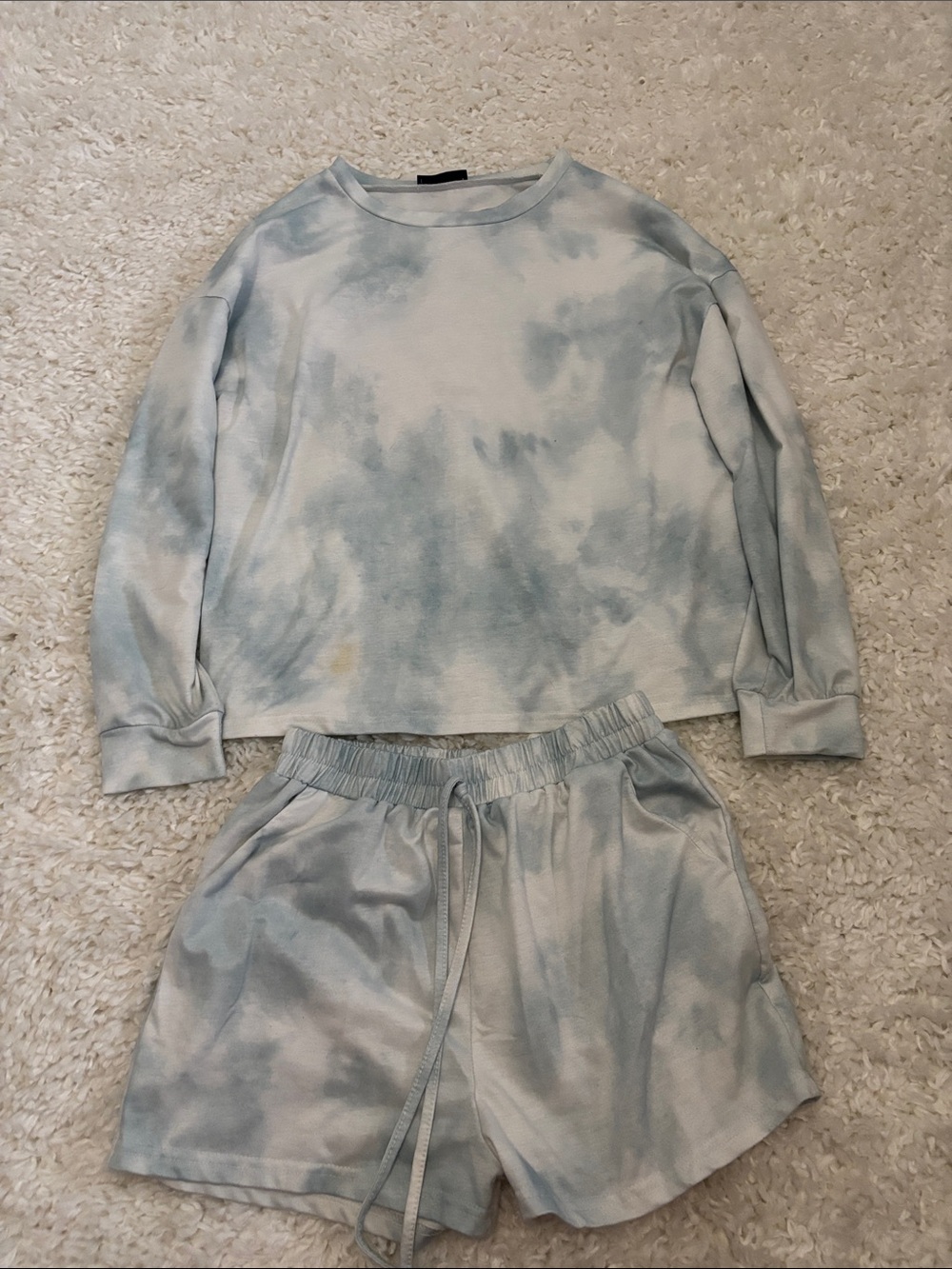 Women's Light Blue Tie-Dye Set - Cozy Lounge Top & Shorts (Flaw)